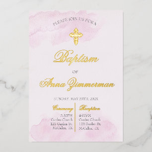 Gold foil girl baptism invitation