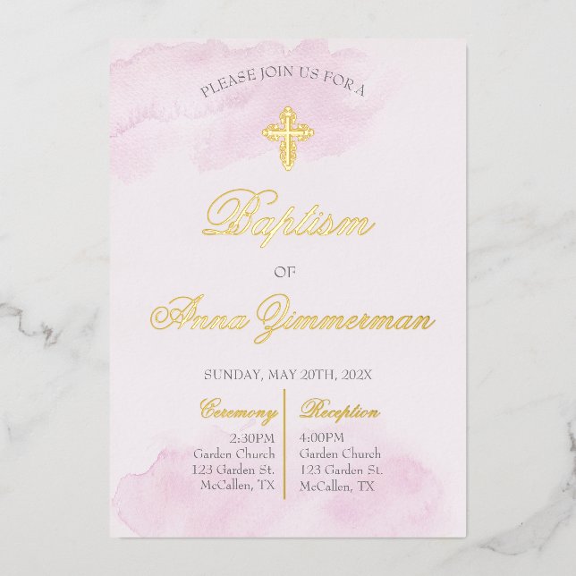 Gold foil girl baptism  invitation (Front)