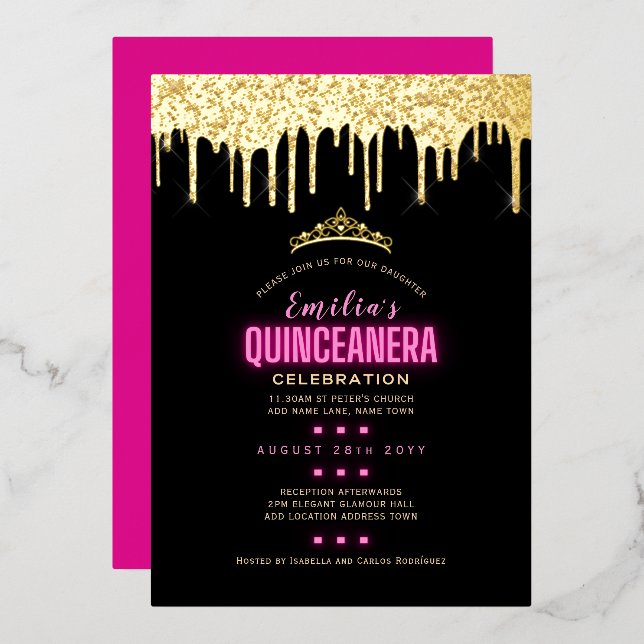 Gold Foil Girly Pink 15th Birthday Quinceanera Foi Foil Invitation (Front/Back)