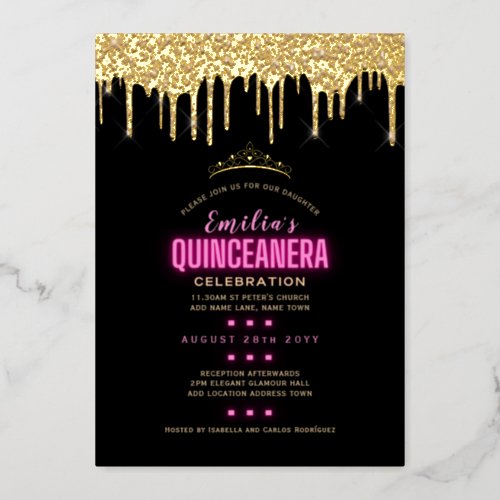 Gold Foil Girly Pink 15th Birthday Quinceanera Foil Invitation