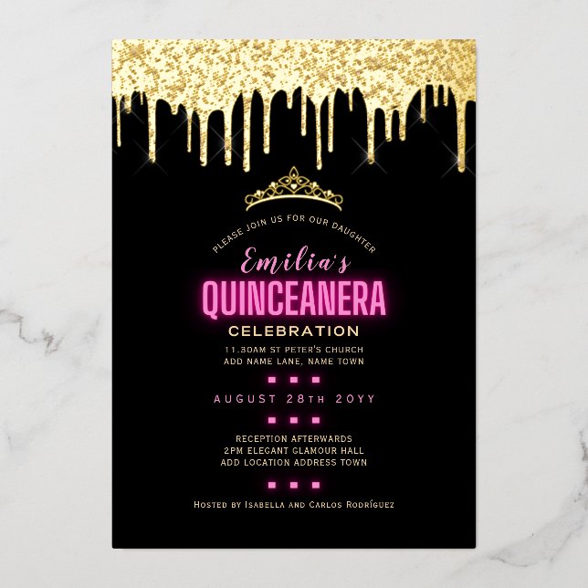 Gold Foil Girly Pink 15th Birthday Quinceanera Foil Invitation (Front)