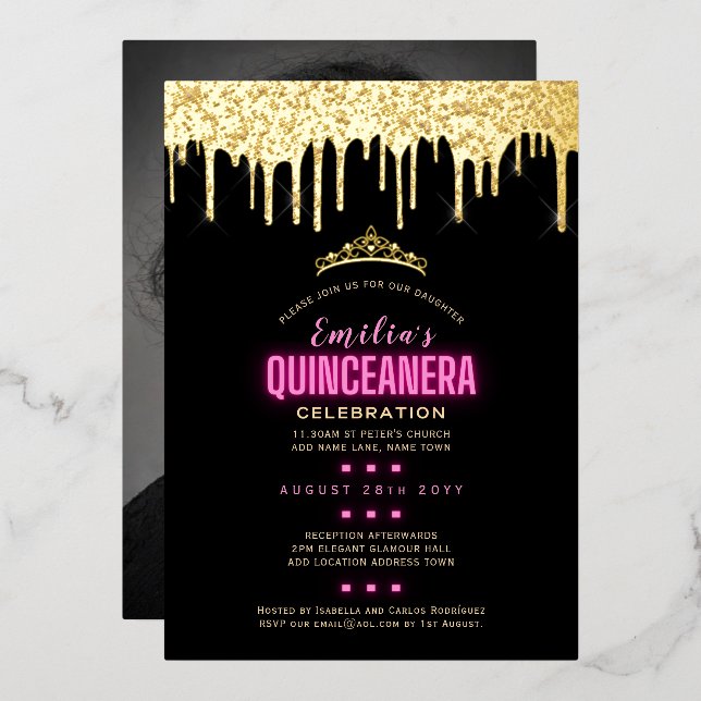 Gold Foil Girly Pink PHOTO Birthday Quinceanera  Invitation (Front/Back)