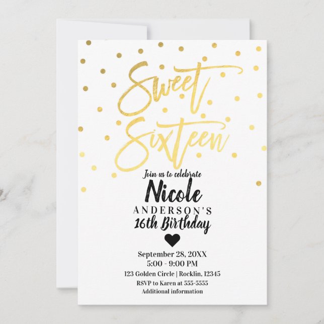 Gold Foil Glam Modern Script Sweet 16 Sixteen Invitation (Front)