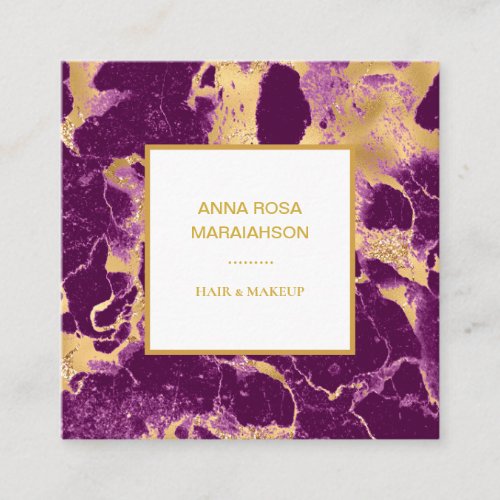 *~* Gold Foil Glam Purple Marble Modern Girly Luxe Square Business Card