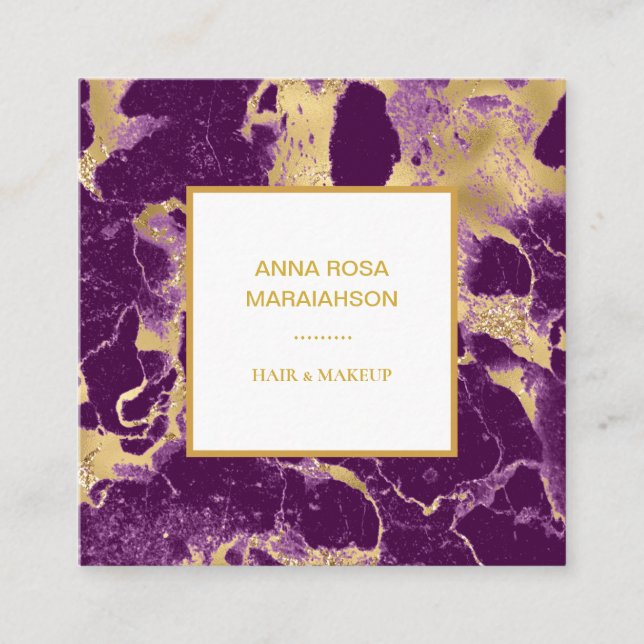 *~* Gold Foil Glam Purple Marble Modern Girly Luxe Square Business Card (Front)