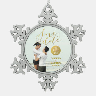 Gold Foil Glamor   Photo Save the Date Holiday Snowflake Pewter Christmas Ornament