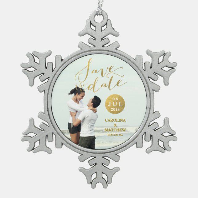 Gold Foil Glamor | Photo Save the Date Holiday Snowflake Pewter Christmas Ornament (Front)