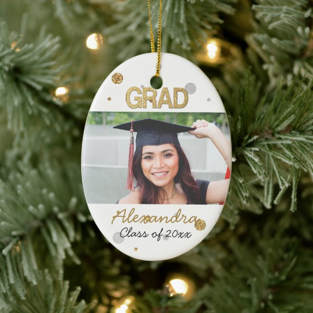 Gold Foil Glitter Confetti Graduation Photo Ceramic Ornament (Tree)