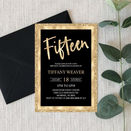Gold Foil Glitter Fifteenth 15th Birthday Invitation