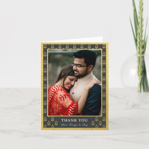 Gold Foil Glitter Flower Wedding Photo Folded Thank You Card
