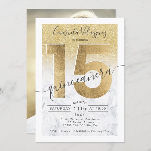 gold foil glitter marble chic quinceanera photo invitation