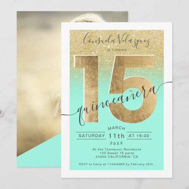 gold foil glitter script mint quinceanera photo invitation (Front/Back)