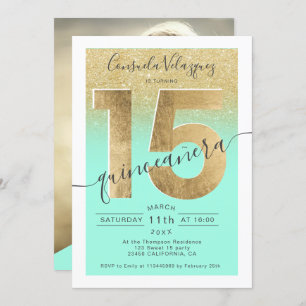 gold foil glitter script mint quinceanera photo invitation