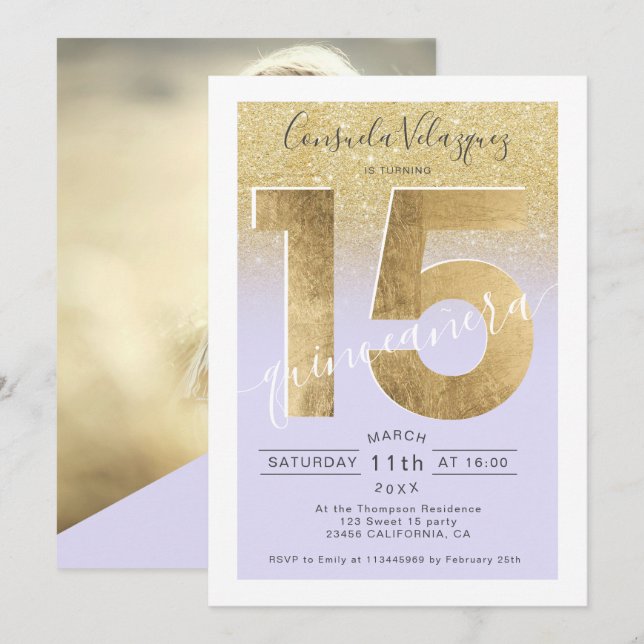 gold foil glitter script purple quinceanera photo invitation (Front/Back)
