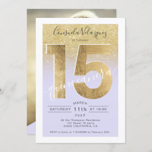 gold foil glitter script purple quinceanera photo invitation