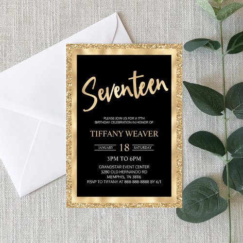 Gold Foil Glitter Seventeenth 17th Birthday Invitation
