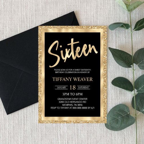 Gold Foil Glitter Sixteen 16th Birthday Invitation