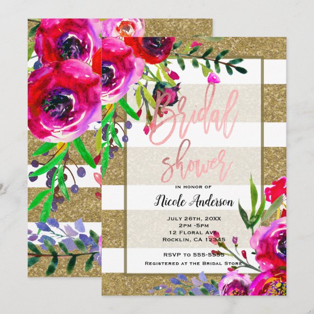 Gold Foil Glitter Stripe Bold Floral Bridal Shower Invitation (Front/Back)