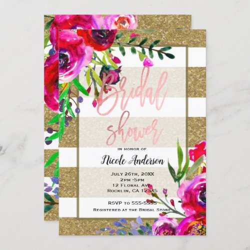 Gold Foil Glitter Stripe Bold Floral Bridal Shower Invitation