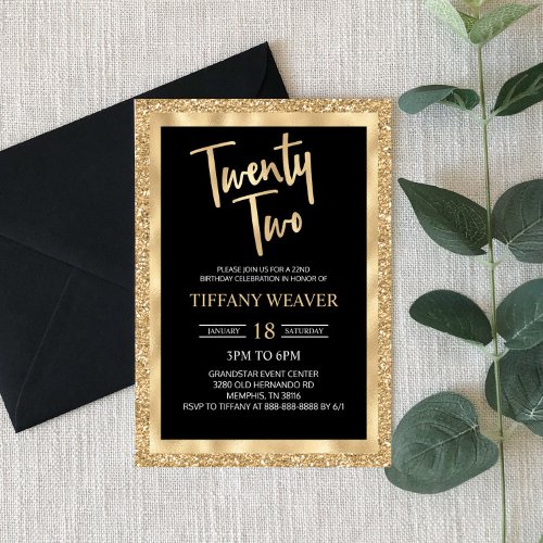 Gold Foil Glitter Twenty Two 22nd Birthday Invitation