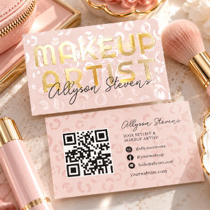 Gold Foil Gloss Pink Makeup Artist QR Foil Spot Gloss Business Cards
