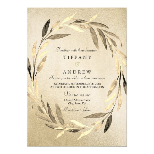 Gold Foil Golden Leaf Wreath Wedding Invitation