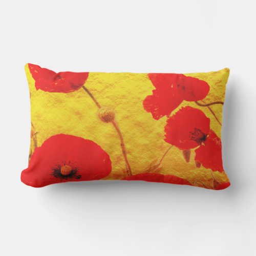 Gold Foil Golden Red Poppy Flower Glitter Colorful Lumbar Pillow