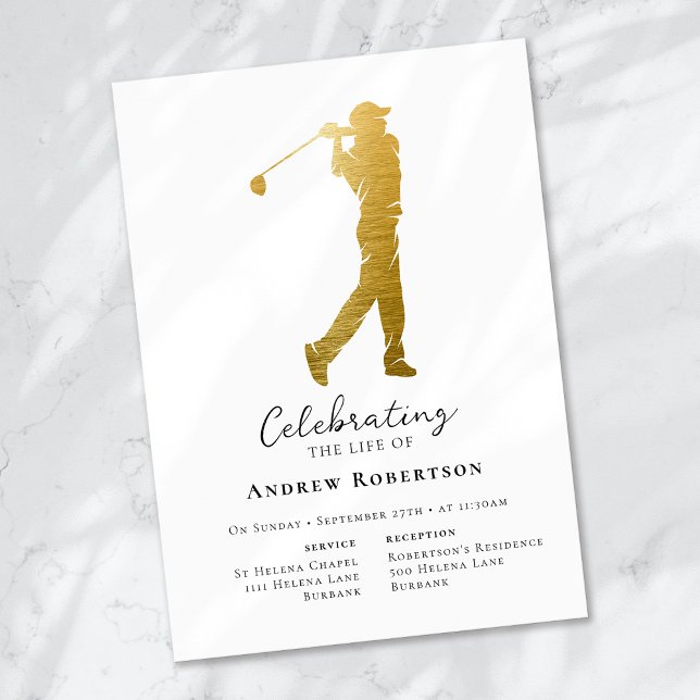 Gold Foil Golfer Funeral  Invitation (Creator Uploaded)