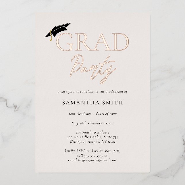 Gold Foil Grad Cap Calligraphy Graduation Party Invitation (Front)