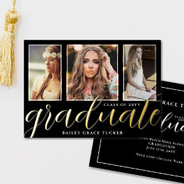 Gold Foil Graduate Script 3-Photo Graduation Foil Invitation