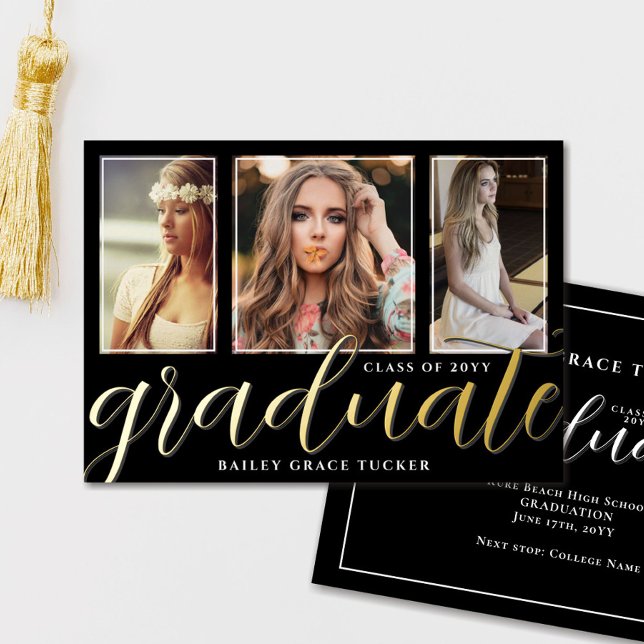 Gold Foil Graduate Script 3-Photo Graduation Invitation (Creator Uploaded)