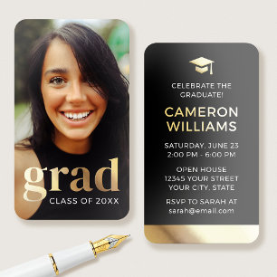 Gold Foil Graduation Mini Invitation Photo Black Business Cards