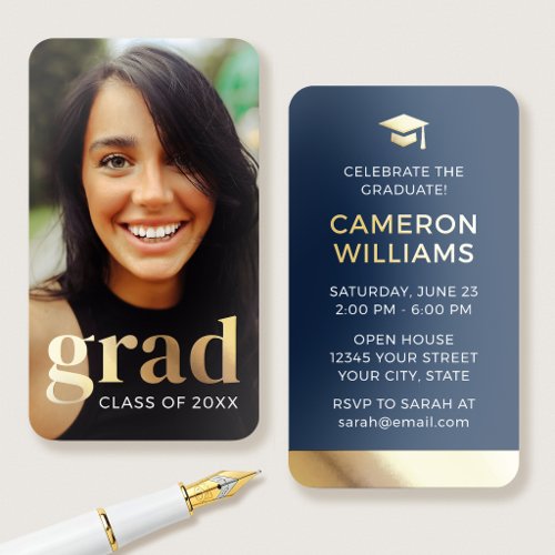 Gold Foil Graduation Mini Invitation Photo Navy Business Cards