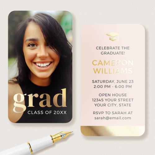 Gold Foil Graduation Mini Invitation Photo Pink Business Cards