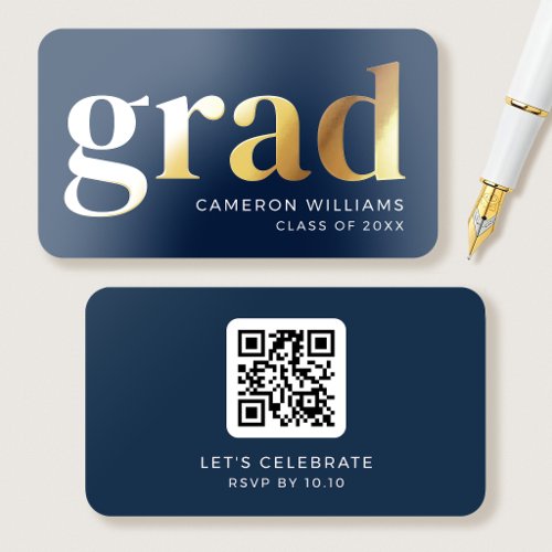 Gold Foil Graduation Mini Invitation QR Code Navy Business Cards