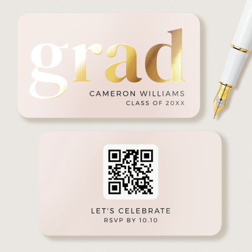 Gold Foil Graduation Mini Invitation QR Code Pink Business Cards