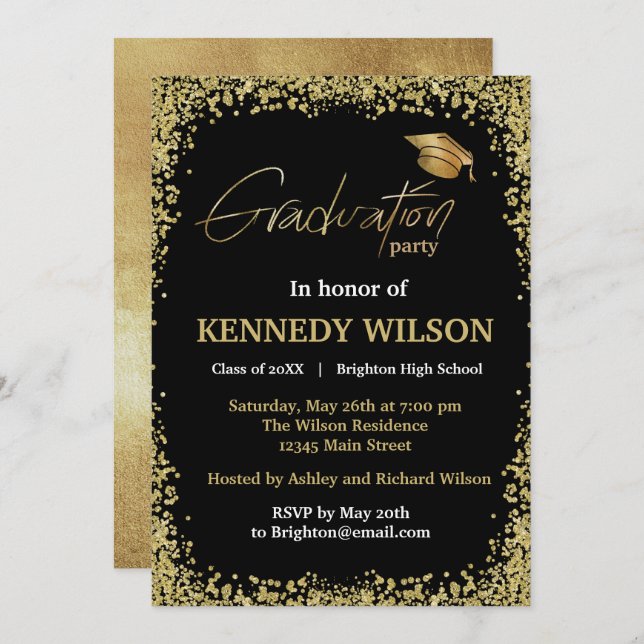   Gold foil Graduation Party Invitation Black (Front/Back)