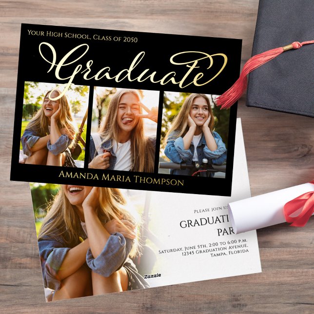 Gold Foil Graduation Photo Collage Announcement Cl (Gold foil graduation photo collage invitation template. )