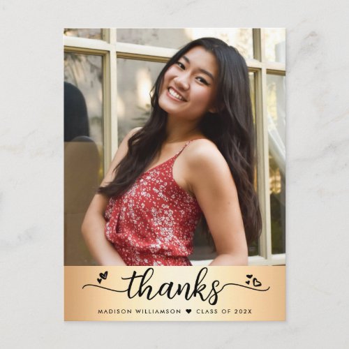 Gold Foil Graduation Photo Script Hearts Thank You Postcard