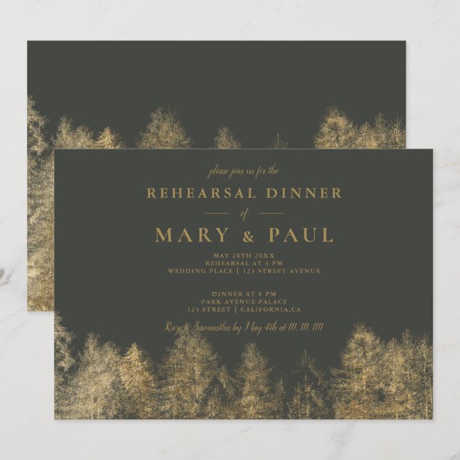 Gold foil gray Fall pine rehearsal dinner Invitation (Front/Back)