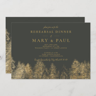Gold foil gray Fall pine rehearsal dinner Invitation