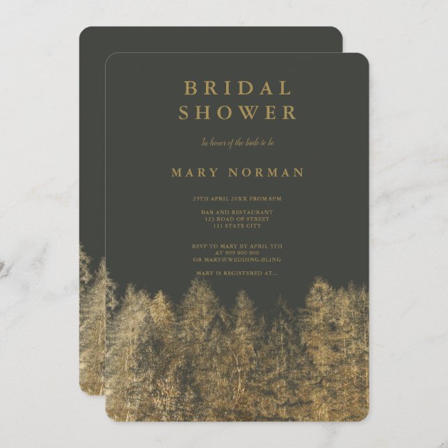 Gold foil gray Fall pine trees bridal shower Invitation (Front/Back)