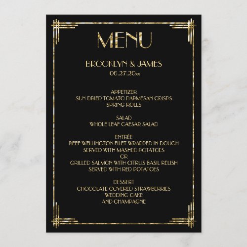 Gold Foil Great Gatsby Art Deco Wedding Menu Black