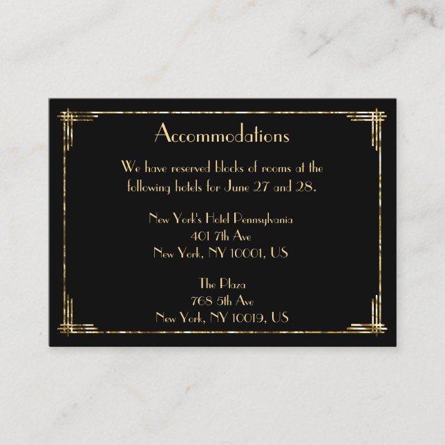 Gold Foil Great Gatsby Wedding Accommodation Cards (Front)