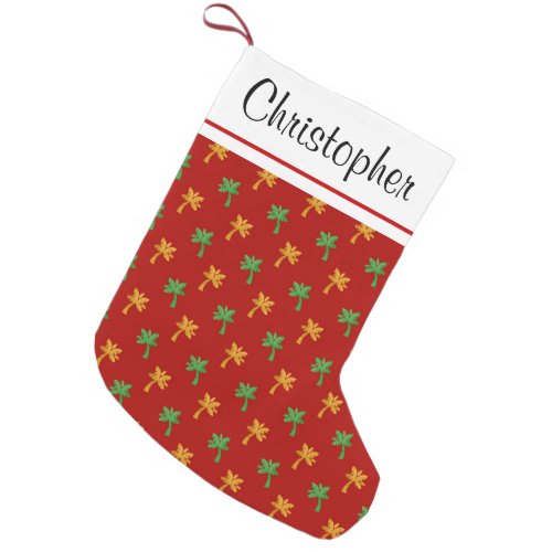Gold Foil Green and Red Palm Trees Monogram Small Christmas Stocking
