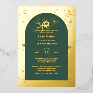 GOLD FOIL Green Bat Mitzvah Formal Floral Invitation