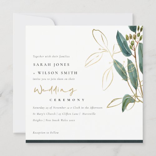 GOLD FOIL GREEN EUCALYPTUS FOLIAGE WEDDING INVITE