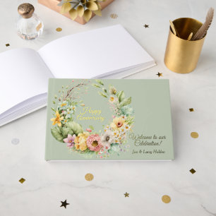 Gold Foil Green Floral Anniversary Foil Guest Book