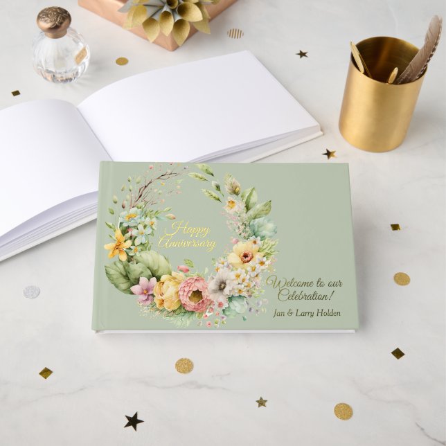 Gold Foil Green Floral Anniversary  Foil Guest Book (Front Open)