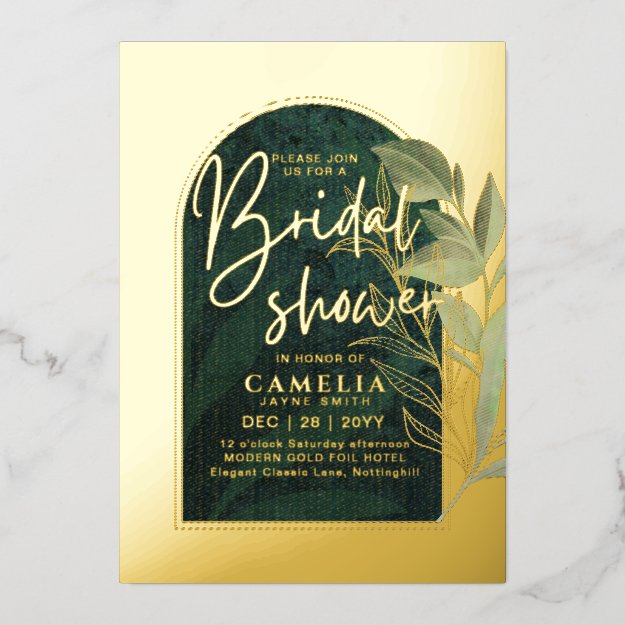 GOLD FOIL Green Leaves BRIDAL SHOWER QR Code Foil Invitation